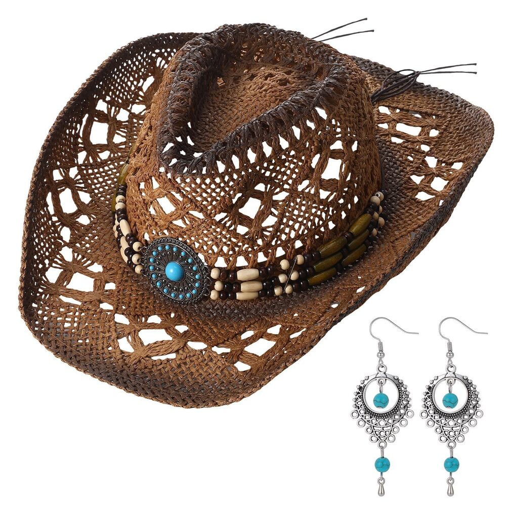 1896 Western Straw Cowboy Hat with Decorative Bands and Earrings Cowgirl